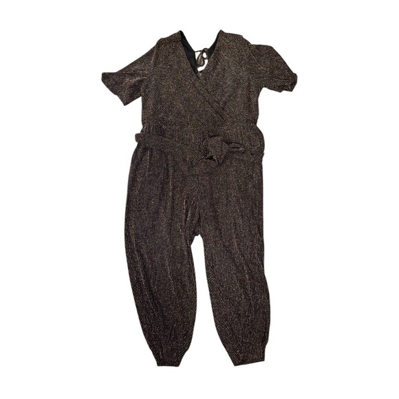 Torrid 1X Shimmer Stripe Surplice Jumpsuit Black Gold Stretch Tie Belt - Picture 1 of 11